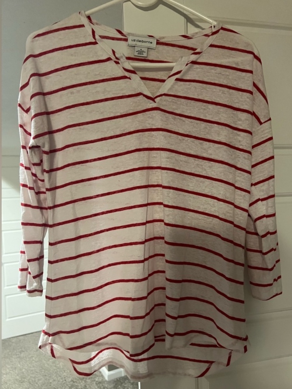 Liz Claiborne White and Red Striped V-Neck